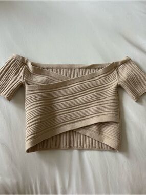 aerie Beige Ribbed Off-Shoulder Cross-Front Sweater